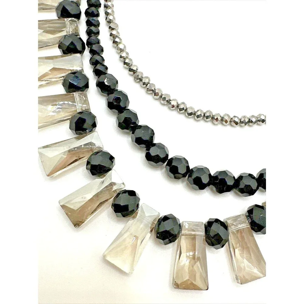 Vintage Crystal Collar Necklace Black Smoky Bead Multi Strand Statement 18